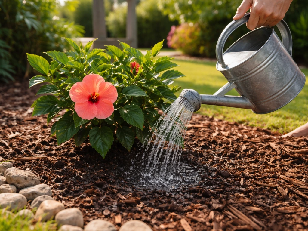 Hands watering the base of a tropical hibiscus plant thoroughly in a sunny Florida garden bed.
