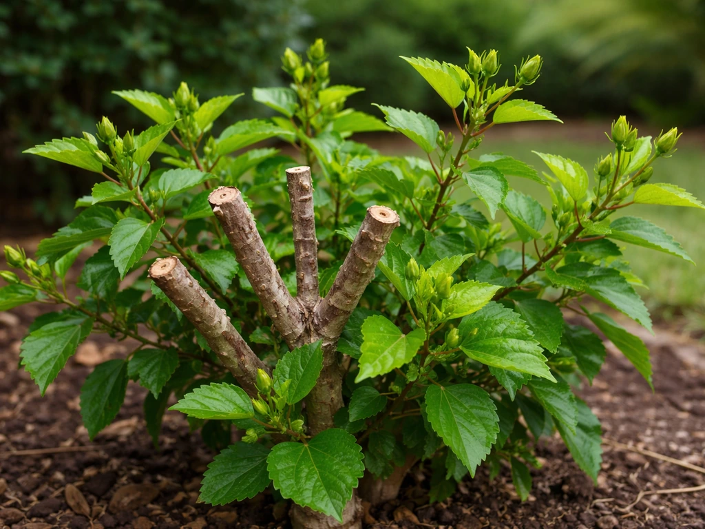 Tropical hibiscus after pruning, showing new green growth and forming flower buds.
