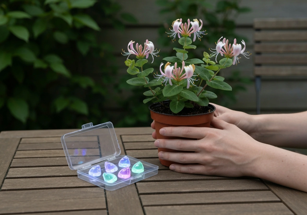 Hands holding a flowering honeysuckle pot with glowing game-like tokens nearby on a garden table.