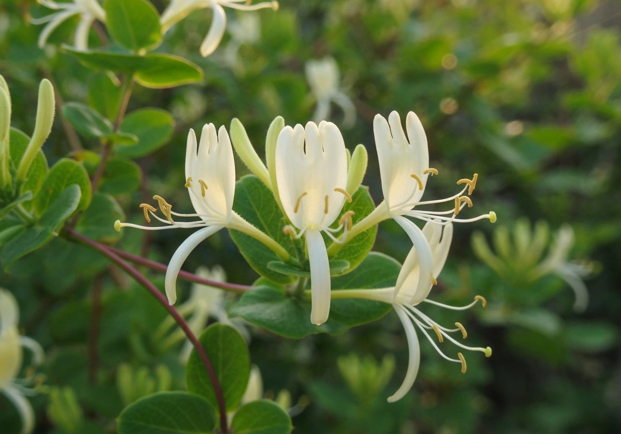 Close-up of honeysuckle vines with tubular flowers and green leaves in natural light.