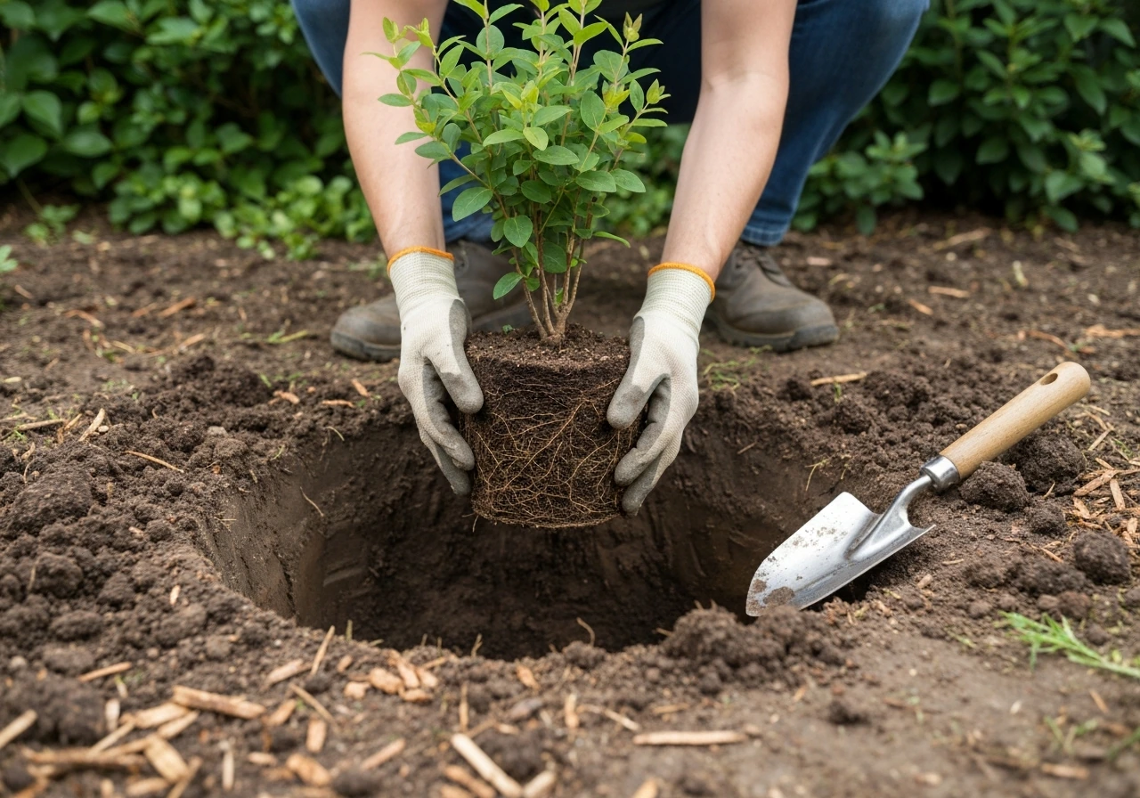 Hands lowering a potted honeysuckle root ball into a freshly dug garden hole