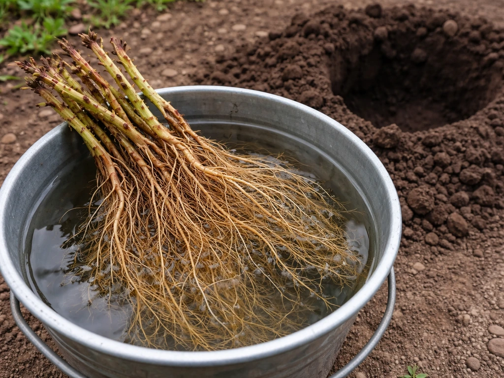 Bare-root honeysuckle roots soaking in a bucket of water beside a prepared planting hole.