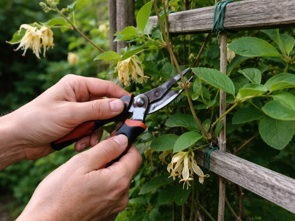 Gardener’s hands pruning honeysuckle with secateurs, with fresh green growth visible.