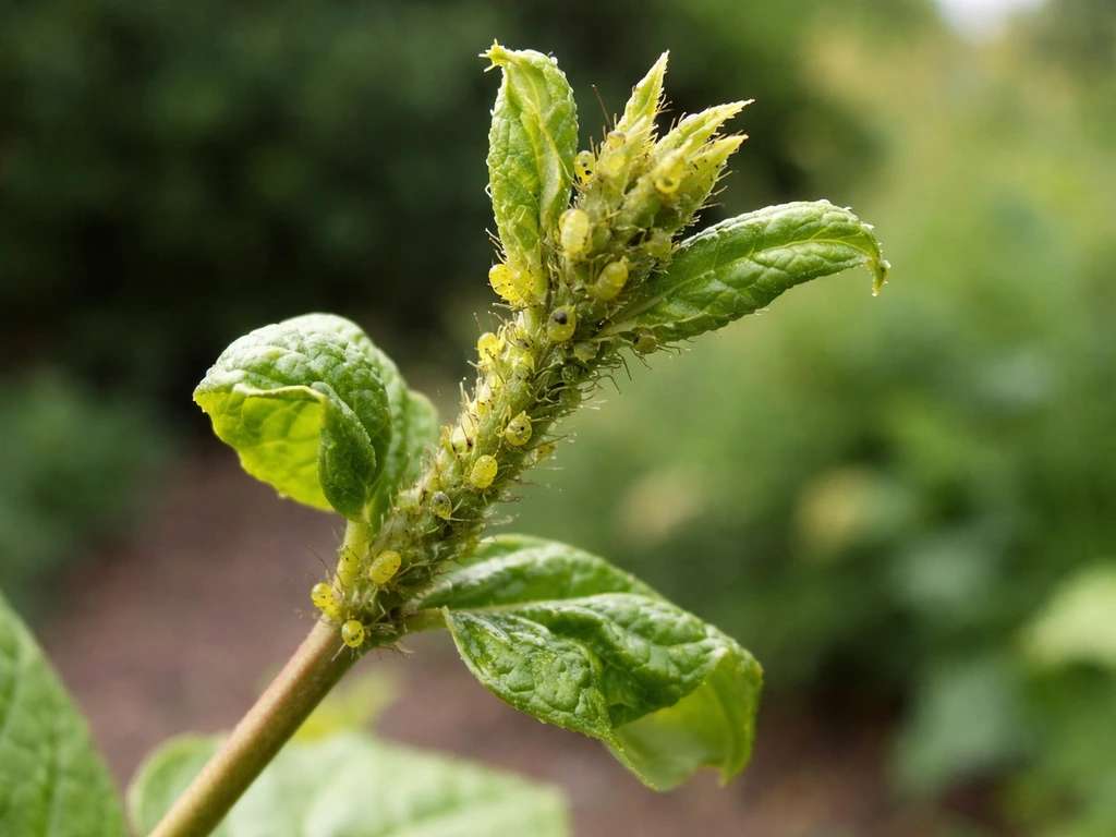 Close-up of aphids clustered on a honeysuckle’s new growth, with curled and distorted leaves.