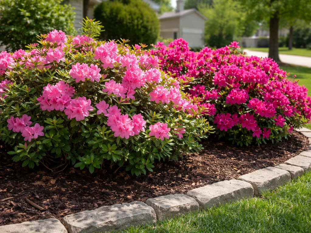 Vibrant blooming azalea shrubs in a sunny Oklahoma front yard garden bed