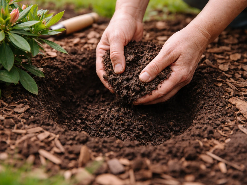 Anonymous gardeners’ hands placing acid-loving amendment into an azalea planting hole in spring mulch.