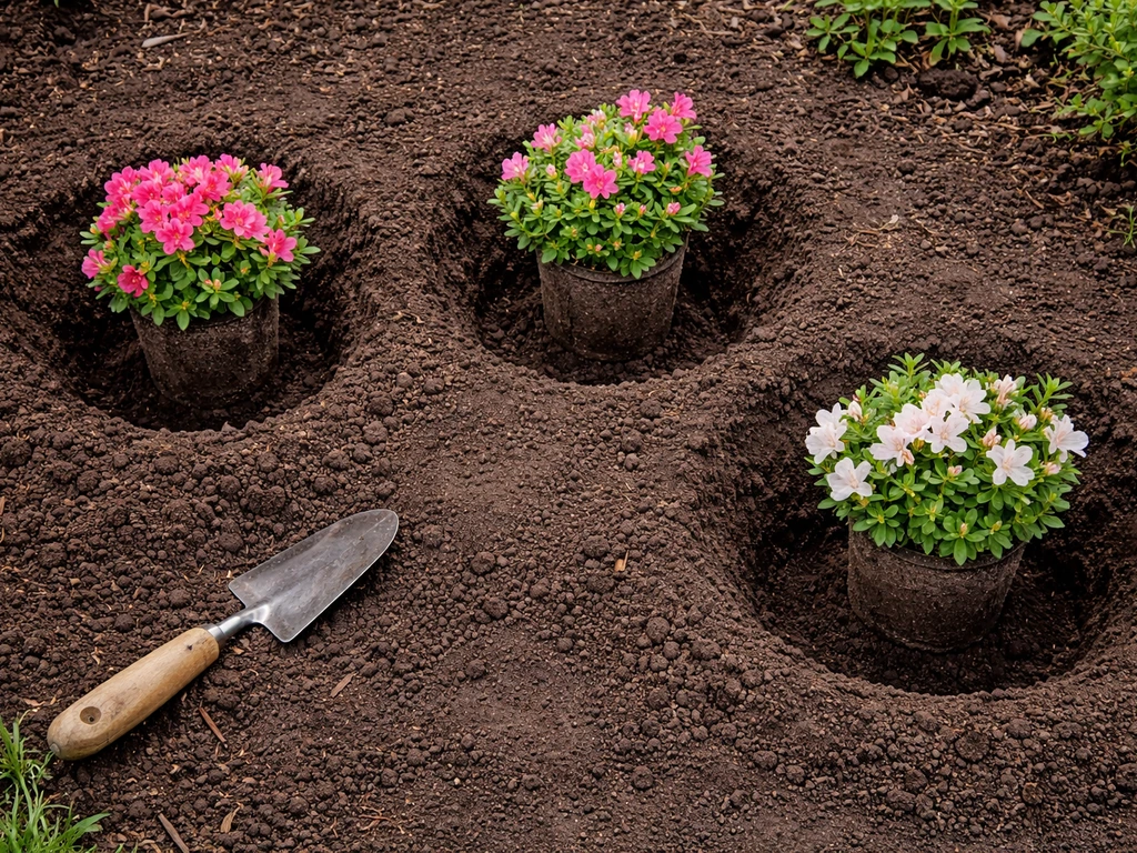 Top-down view of azalea root balls set at correct depth with spaced planting holes in soil