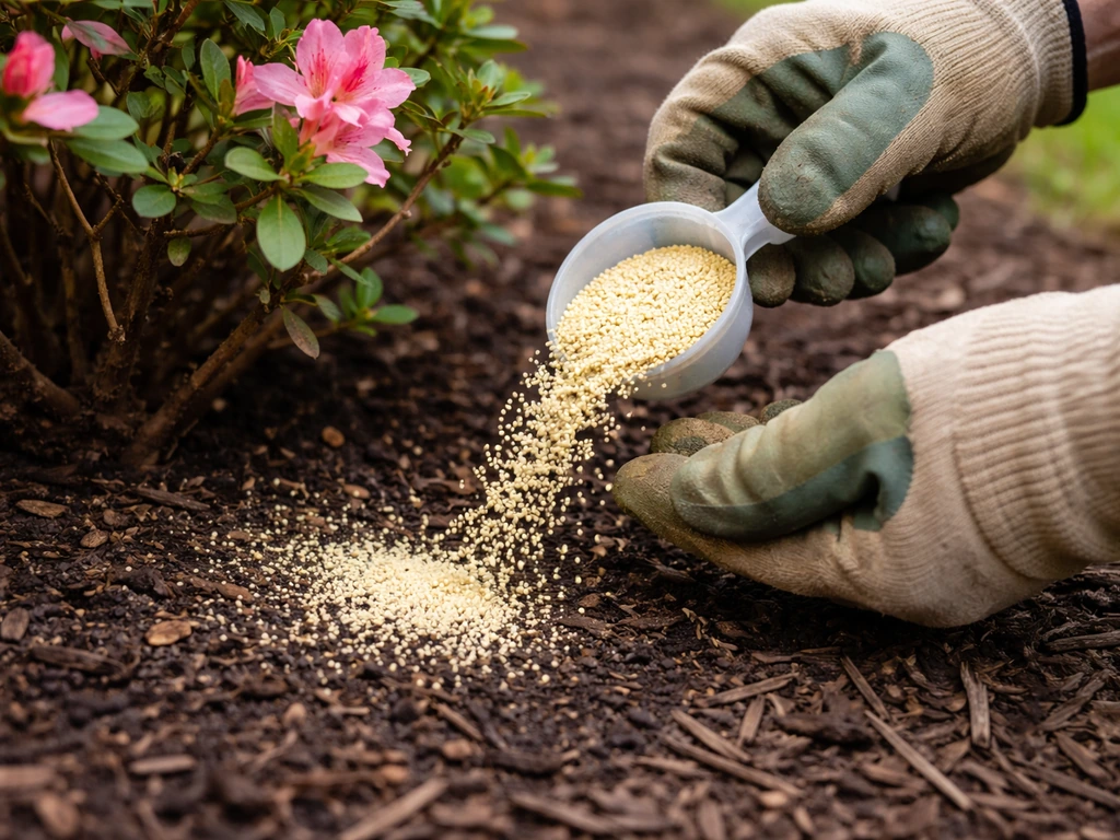 Gloved hands sprinkle elemental sulfur around an azalea base from a measuring scoop.