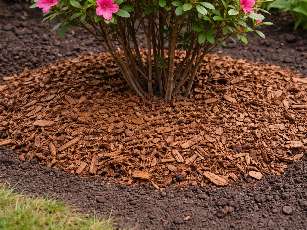 Fresh 3–4 inch organic mulch spread neatly over an azalea root zone with clean edges and moist soil.