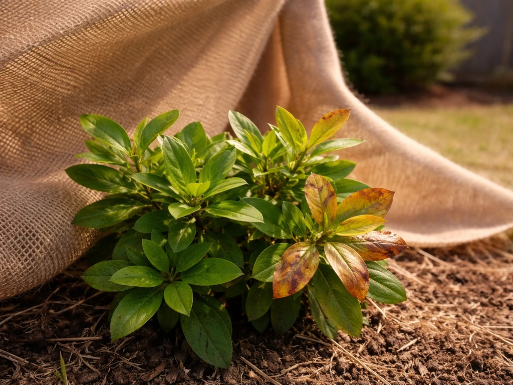 Azalea with healthy leaves and brown scorched edges, protected by burlap/cloth shade in hot sun and wind.