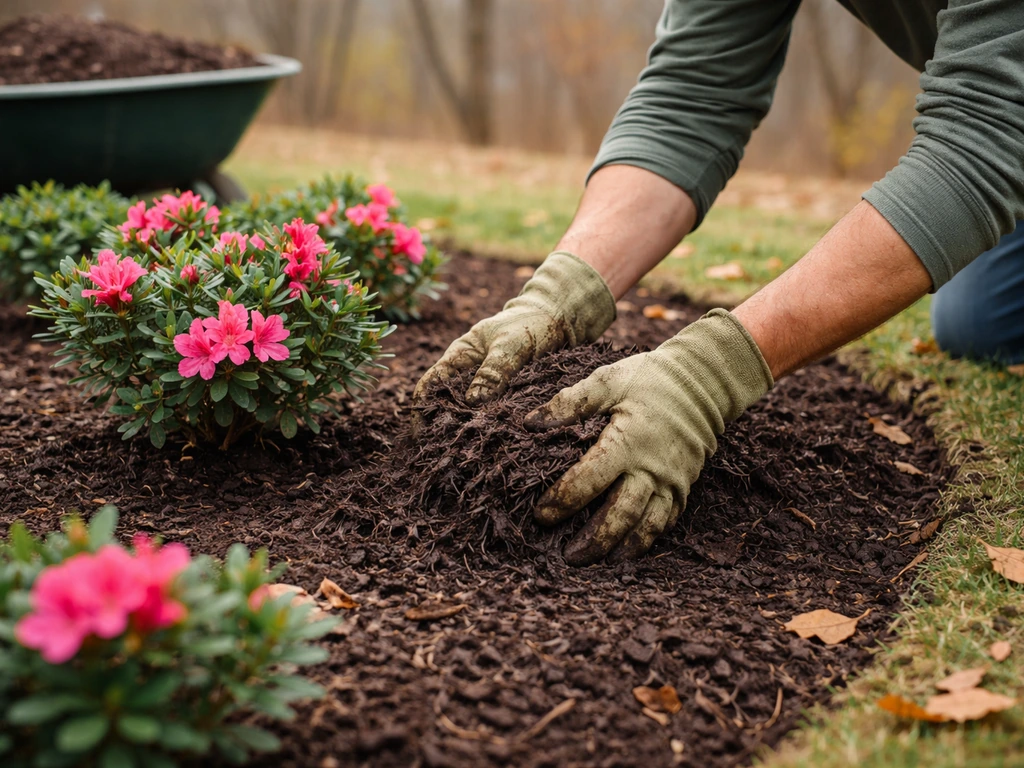 Gardener replenishing mulch around azaleas in an early-fall garden bed