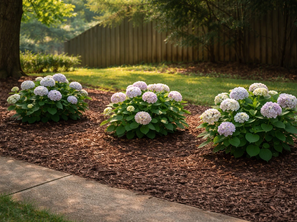 Hydrangea shrubs spaced in a small garden bed with morning sun and afternoon shade