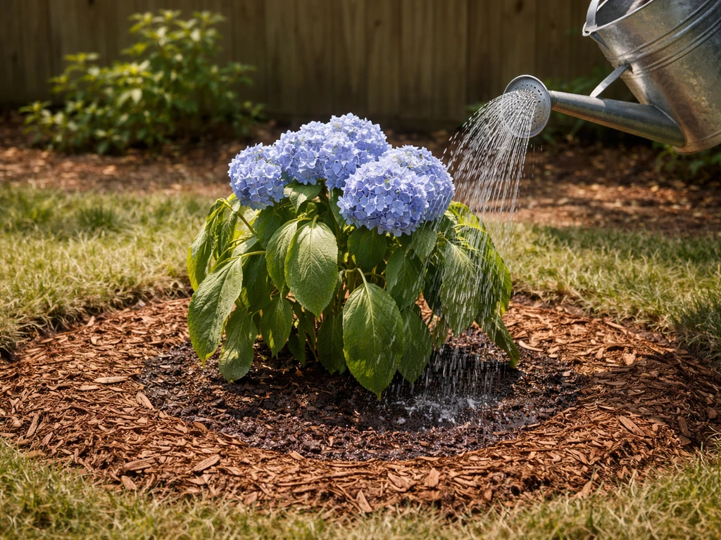 Blue hydrangea with a mulch ring and watering can/soaker line keeping the soil evenly moist in summer heat