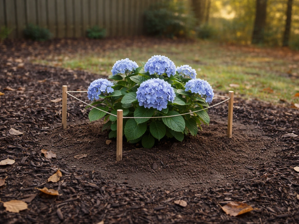 Freshly planted blue hydrangea in a mulched garden bed during fall in Georgia, with natural morning light.