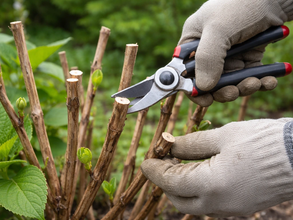 Gardener’s hands pruning old-wood bigleaf hydrangea canes with pruners, showing buds left intact