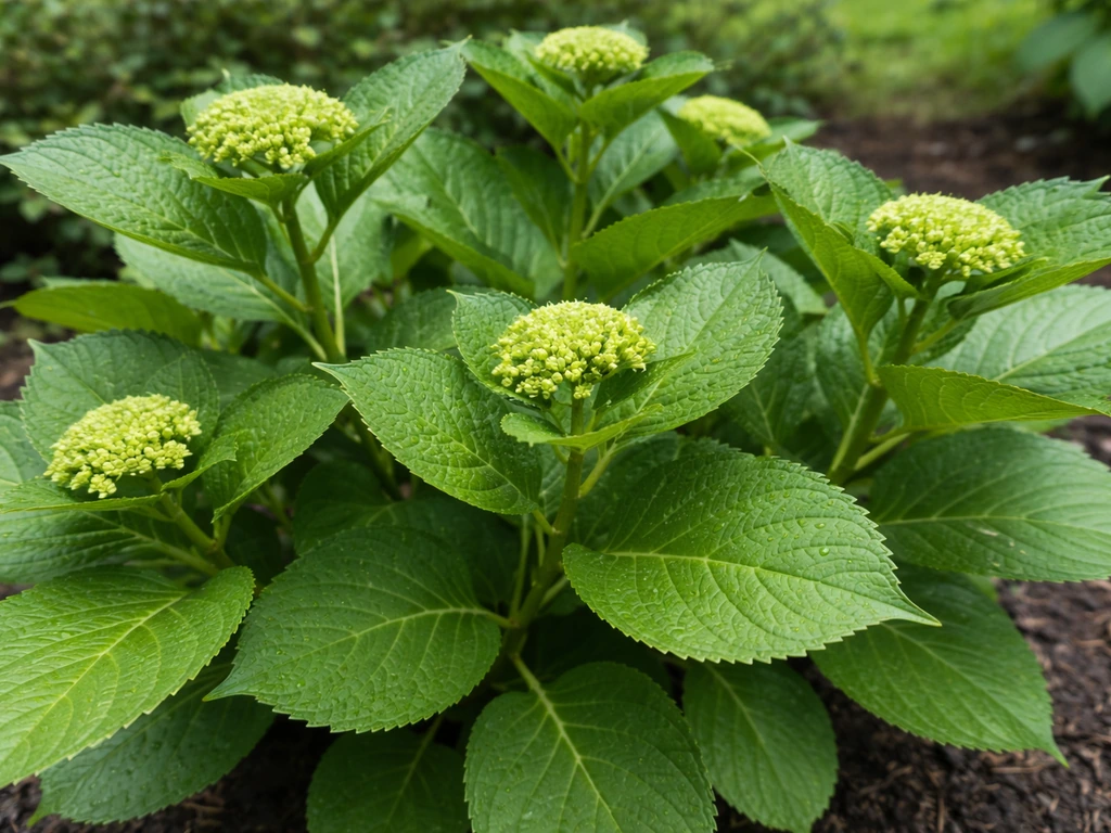 Close-up of bigleaf hydrangea stems with abundant leaves and unopened flower buds in a garden