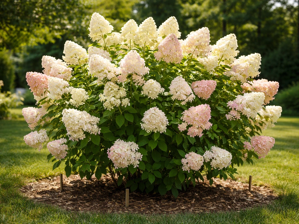 Panicle hydrangea shrub with cone-shaped blooms in a sunny garden bed