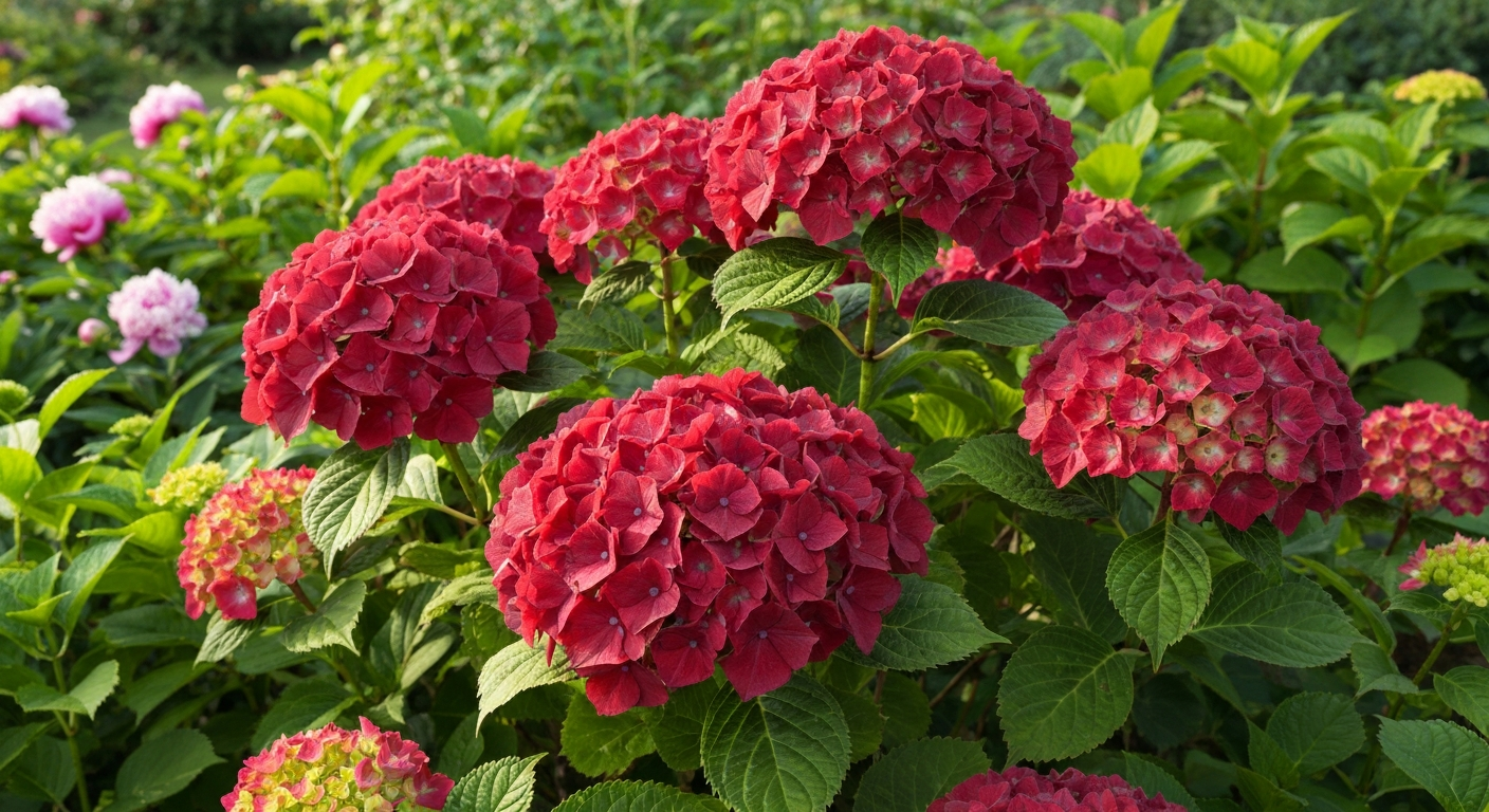 Mature deep-red hydrangea shrub with clusters of burgundy-crimson mophead blooms in a garden setting.