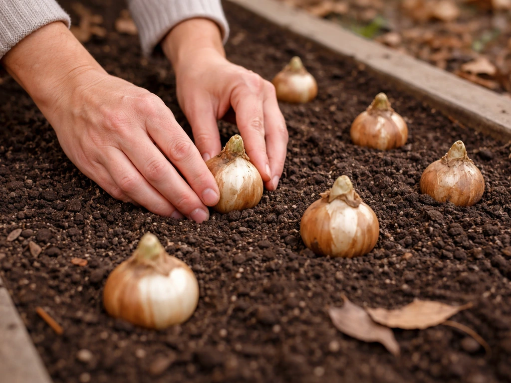 Hands plant spaced paperwhite bulbs into well-draining soil in an outdoor bed in late fall.