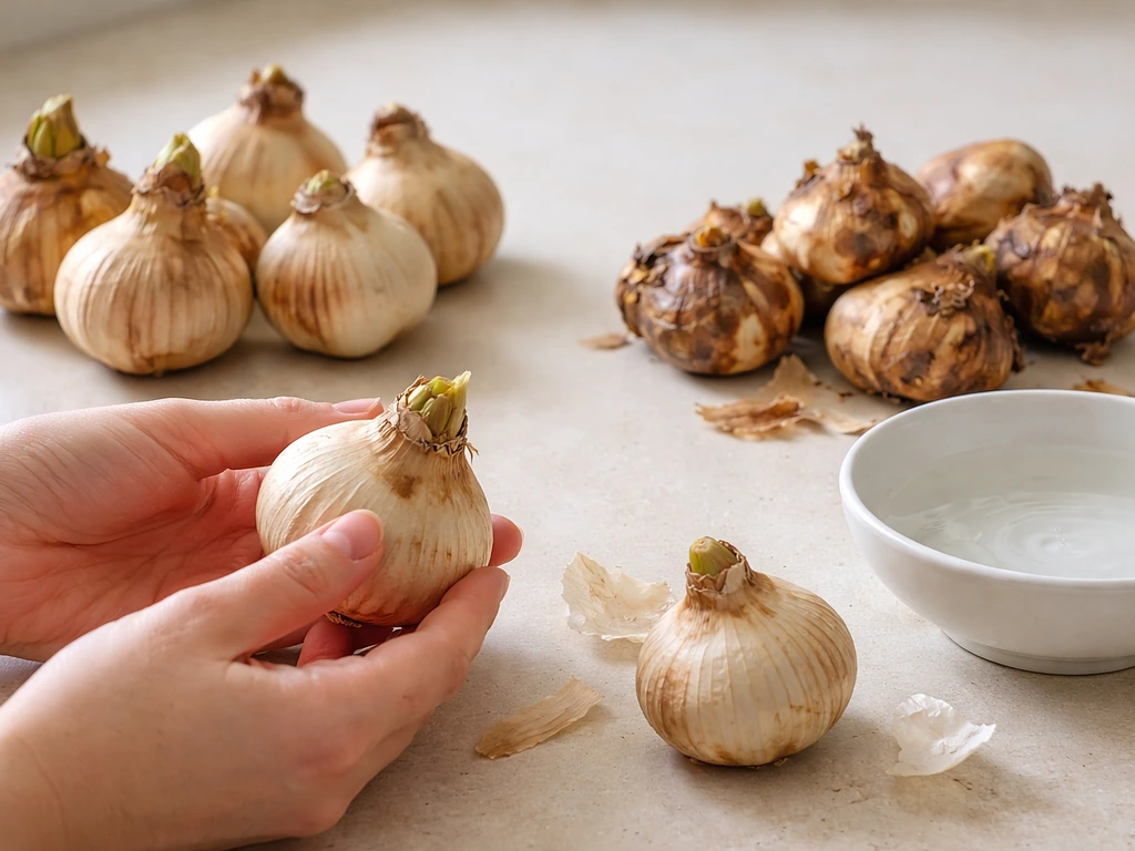 Firm large paperwhite bulbs beside soft squishy bulbs on a clean kitchen counter during prep.