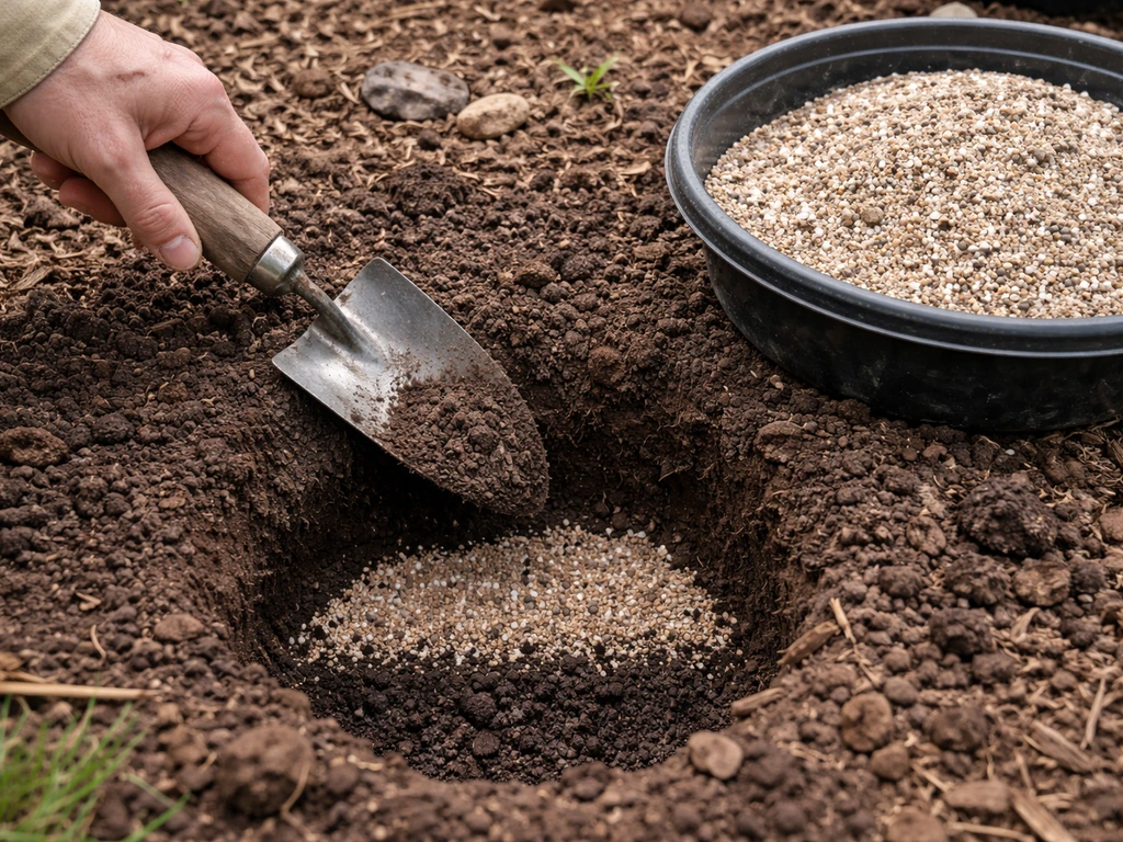 Gardener digging a small planting hole and mixing coarse sand and perlite to improve drainage for bulbs.
