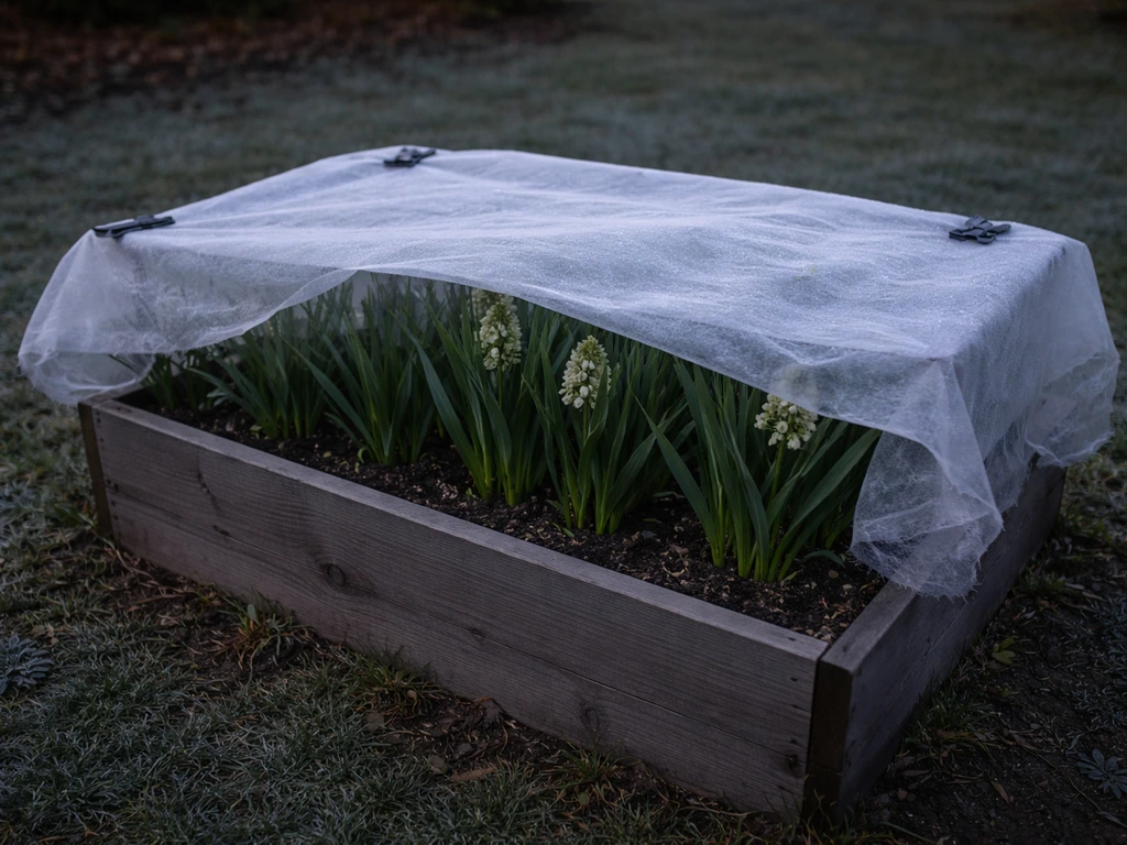 Paperwhites in an outdoor container covered overnight with a frost cloth to protect from frost.