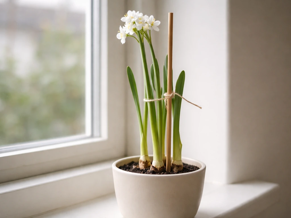 Leggy paperwhite stems in a pot supported with a bamboo stake to prevent flopping.