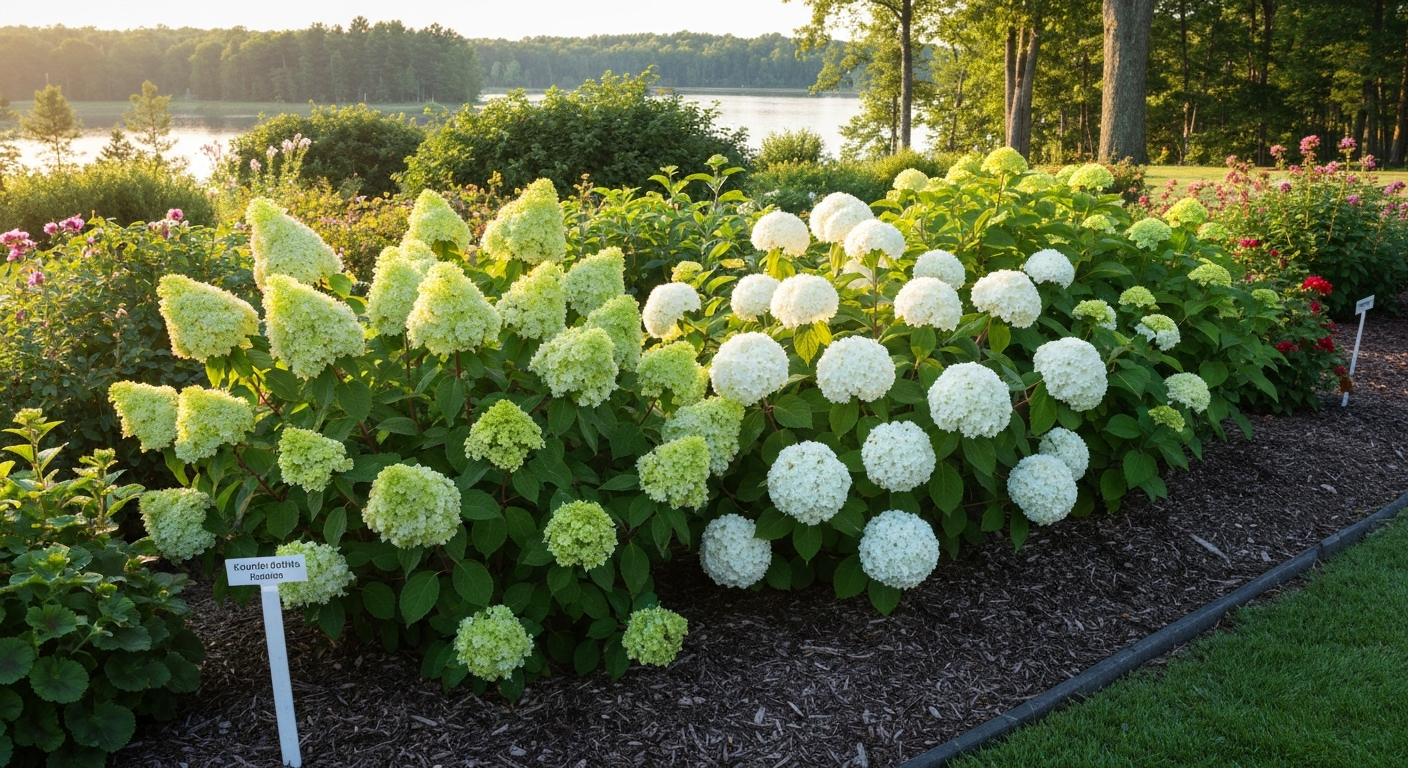 Sunlit Michigan garden bed with Limelight panicle and Annabelle smooth hydrangeas, mulched and healthy, with a lake and hardwoods in the background.
