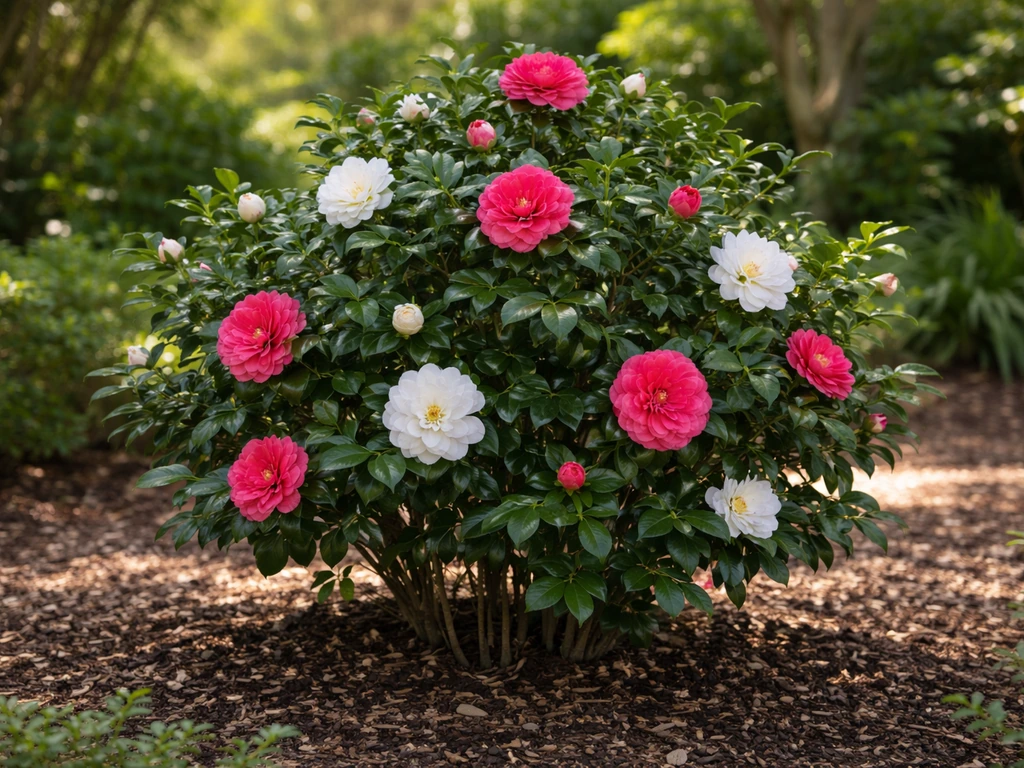 Lush camellia shrubs with bright blooms in a Florida garden, evergreen foliage in sunlit partial shade.