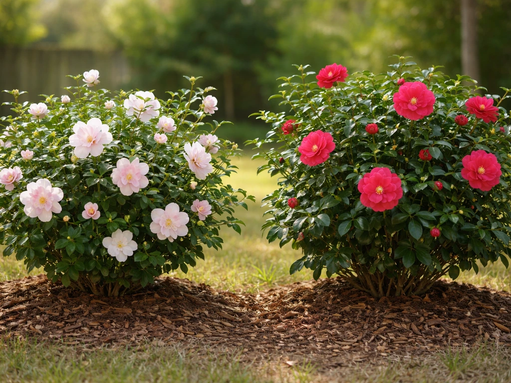 Two camellia shrubs side-by-side with different blooms and leaves, showing sasanqua-like and japonica-like flowers.