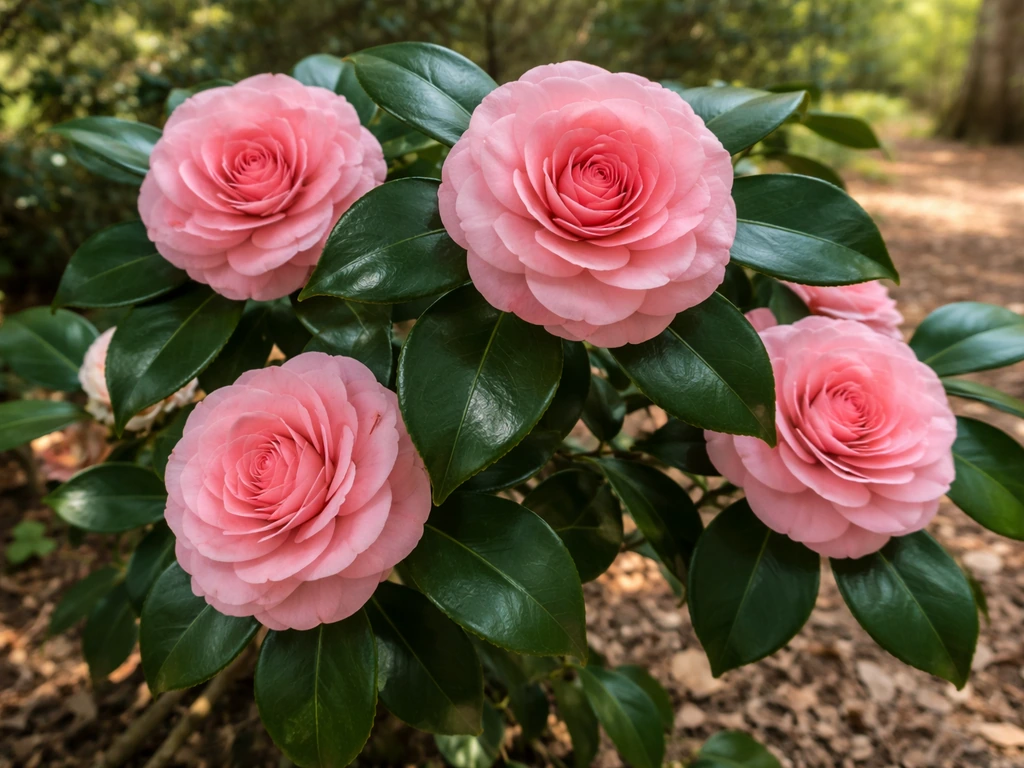 Close-up of large formal Camellia japonica blooms on a mature shrub in partial shade garden.
