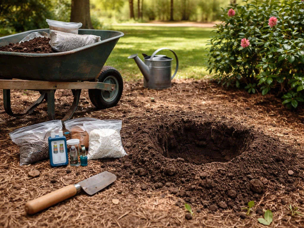 Soil test kit and amendment bags beside a partially dug planting hole in dappled shade.