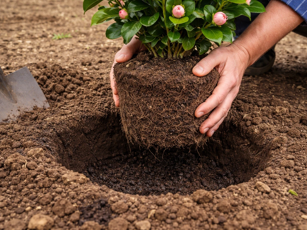 Hands placing a camellia root ball into a wider, slightly shallower hole and backfilling soil.