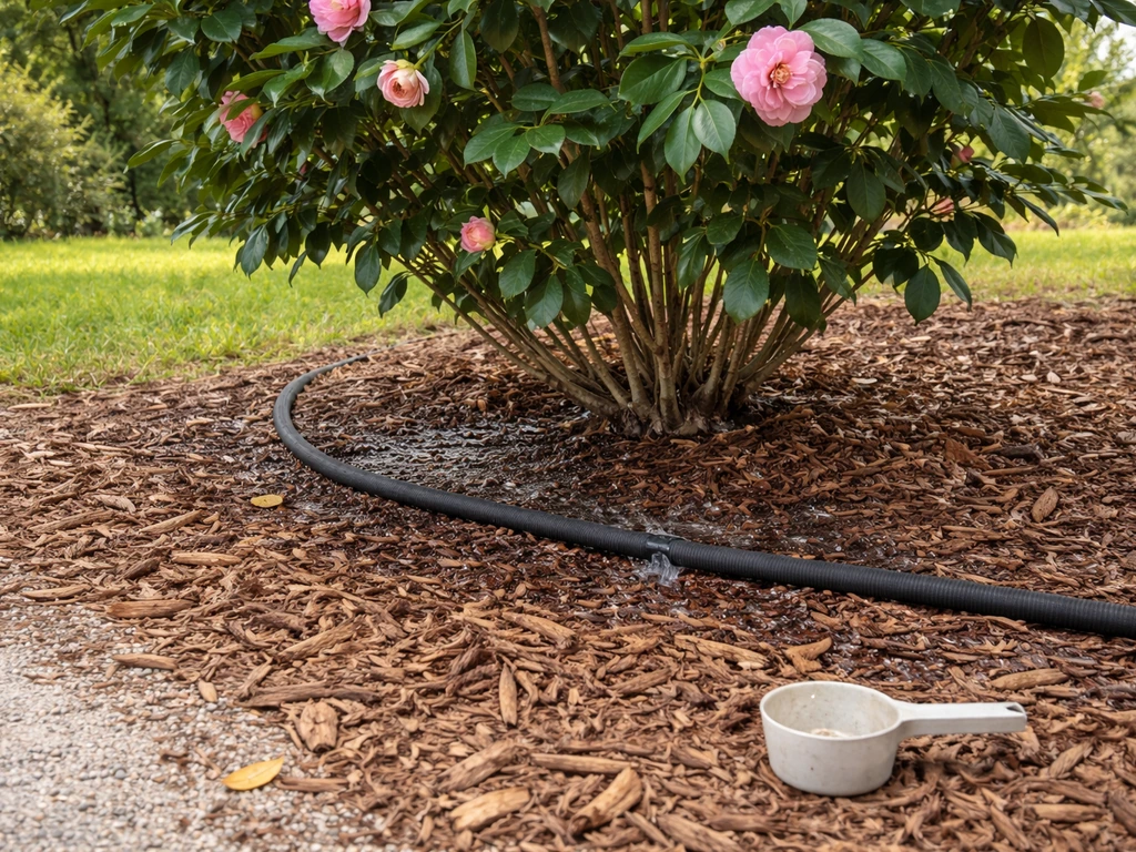 Soaker hose watering camellia roots in Florida garden bed with steady moisture
