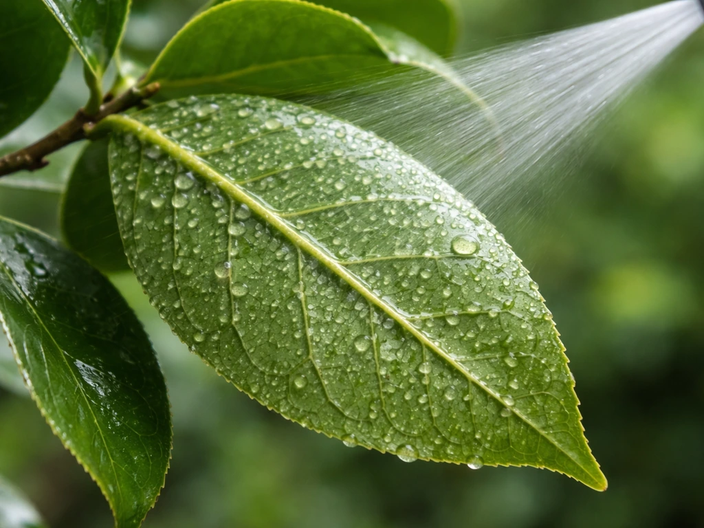 Close-up of camellia leaf underside with scale-like spots and an oil spray mist applied