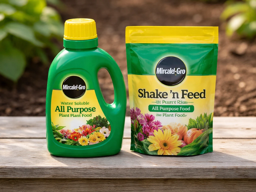 Side-by-side photo of two Miracle-Gro plant food containers—liquid and granules—on a garden bench.