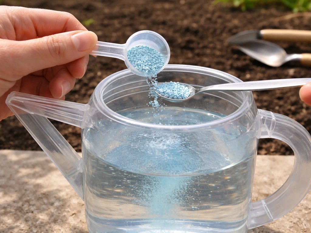 Hand measuring fertilizer granules into a watering can of water to show correct dilution.