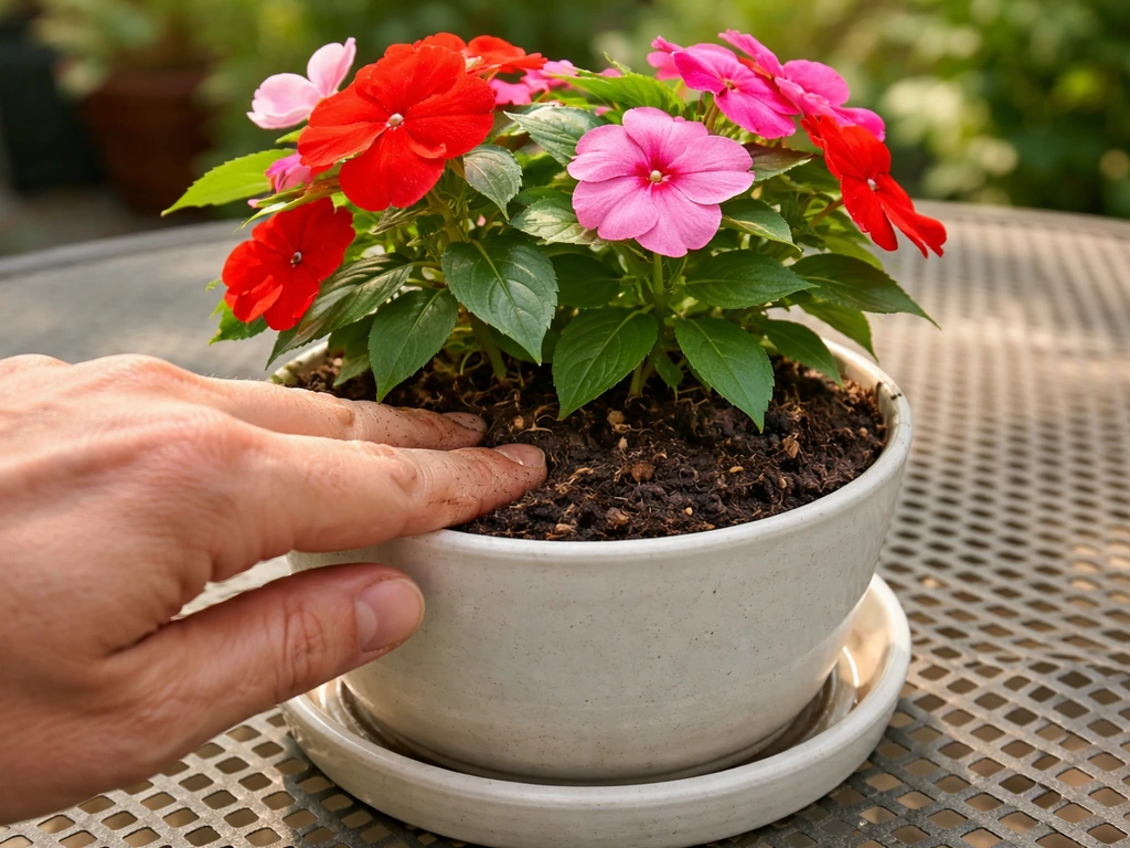 Hand checking moist, draining potting mix in a container impatiens plant above a drainage saucer