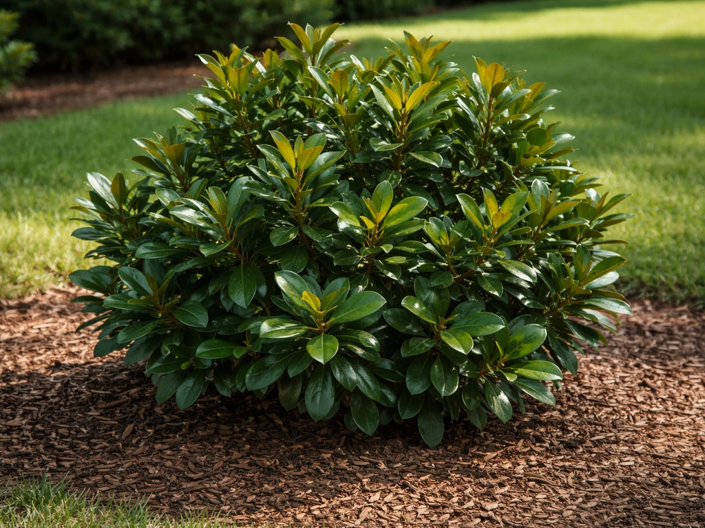 Compact Little Gem magnolia with glossy dark-green leaves in partial sun, showing healthy growth