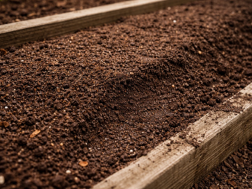 Close-up of loamy, well-draining amended soil in a raised planting bed with no standing water.