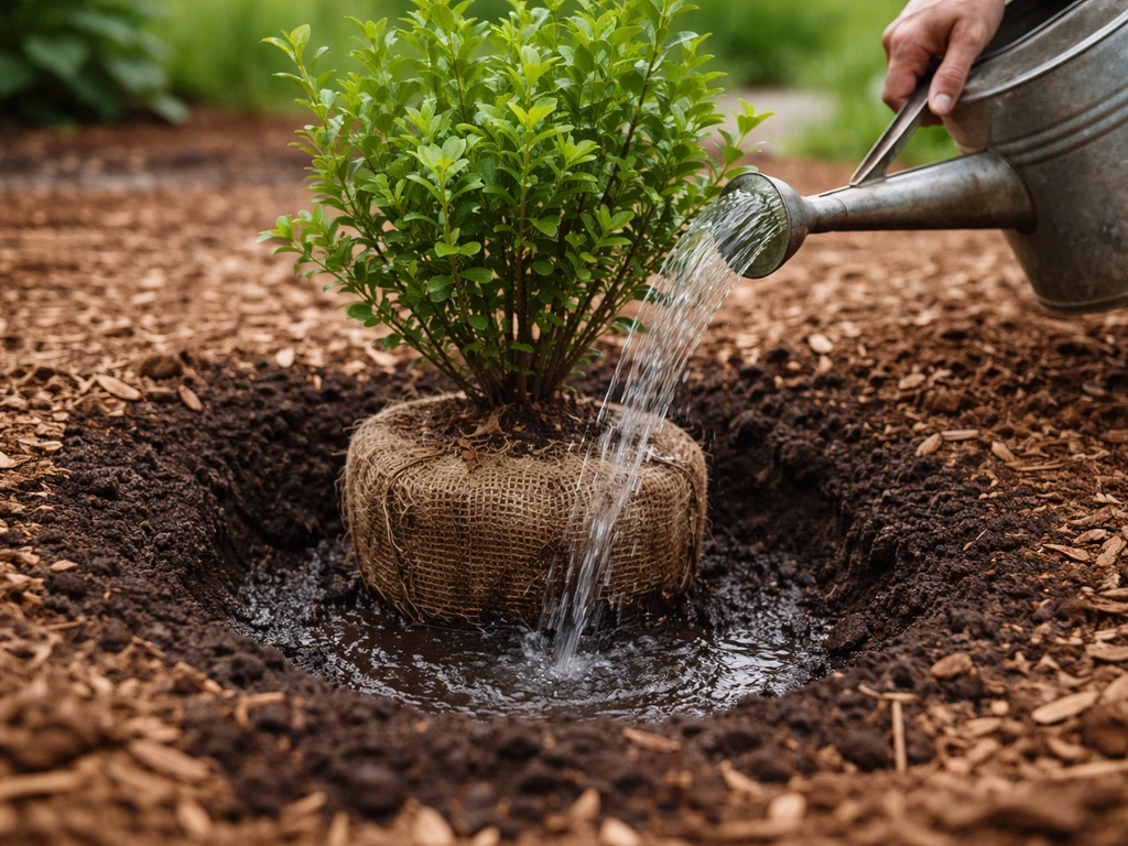 Watering in a newly planted shrub root ball, soil darkening as water soaks in, mulch around the base.