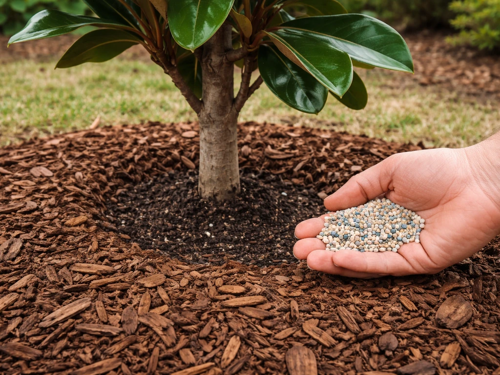Hand applying slow-release fertilizer around a Little Gem magnolia with mulch neatly spread.