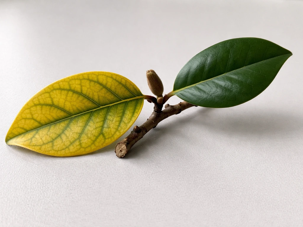 Close-up of two Little Gem magnolia leaves: one yellow with green veins, one healthy deep green.