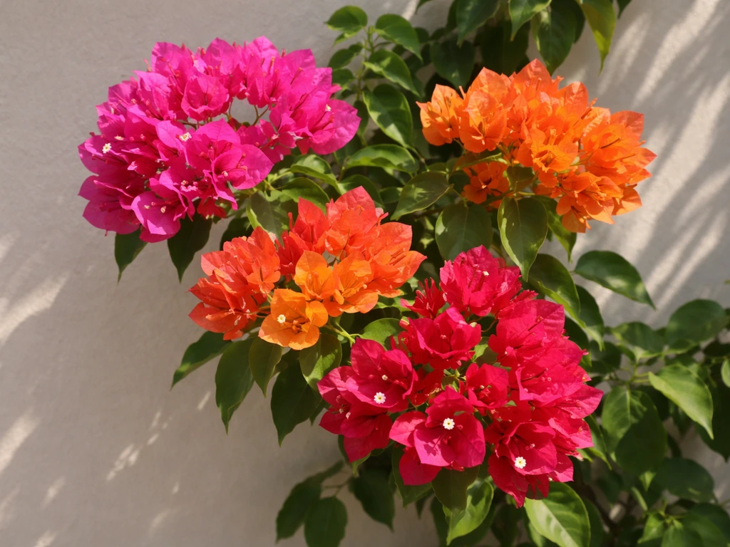 Bougainvillea plant with distinct multi-colored bracts in pink, orange, and red against a plain wall