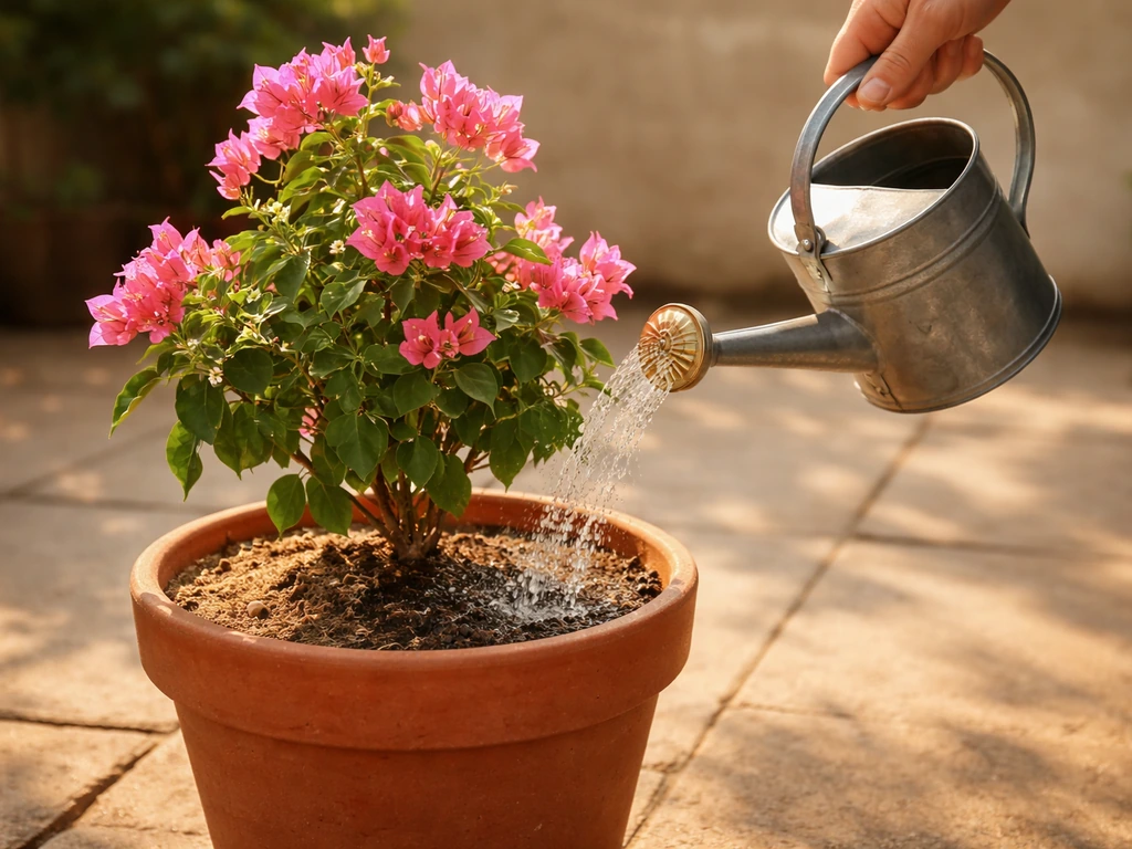 Bougainvillea in a pot being watered slowly, with dry soil surface before a thorough soak.