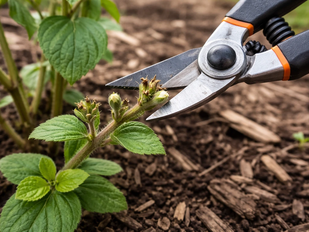 Close-up of garden pruning shears trimming spent lateral shoots on a flowering plant stem