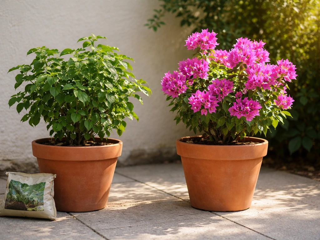 Bougainvillea in a bright pot: one plant under-sunned and leafy, nearby healthier blooming plant