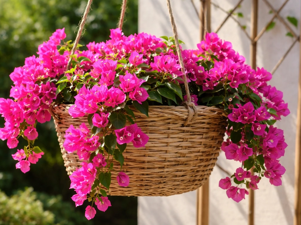 Bougainvillea spilling from a hanging basket in full sun, trained with twine, bright colorful bracts