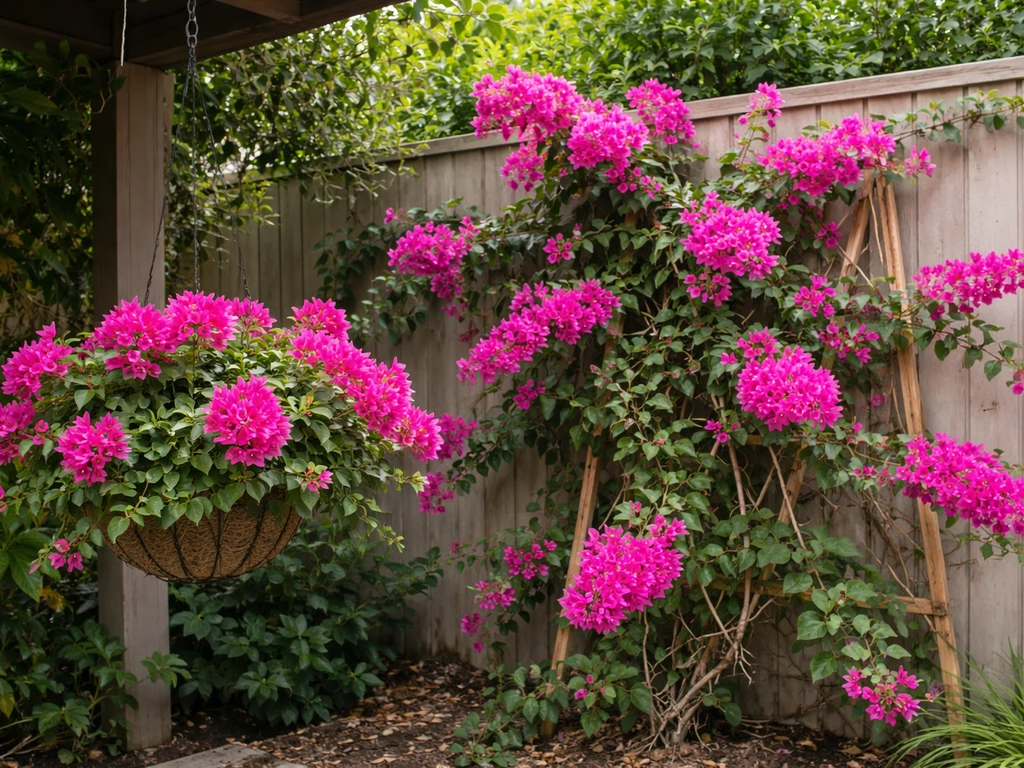 Compact bougainvillea in a hanging basket beside a sprawling vigorous climber trained on a trellis.