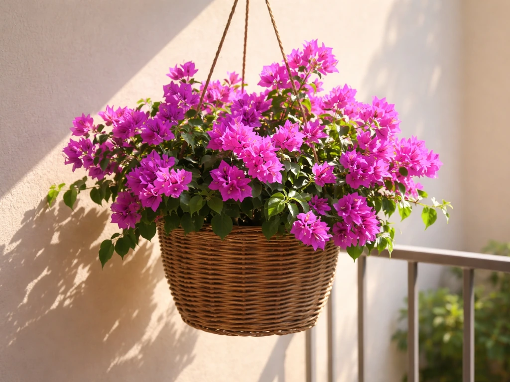 Bougainvillea in a hanging basket on a sunny balcony, showing bright full-day direct light.